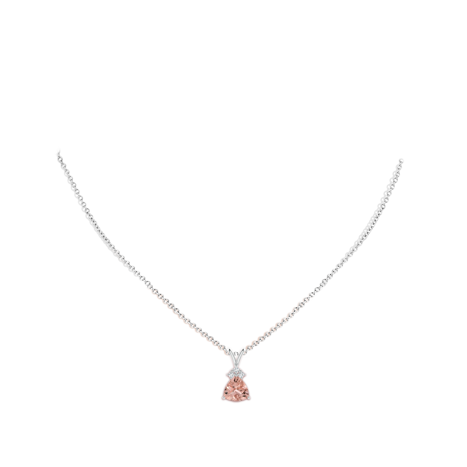 8mm AAAA Trillion Morganite Solitaire Pendant with Trio Diamonds in White Gold - body_neck