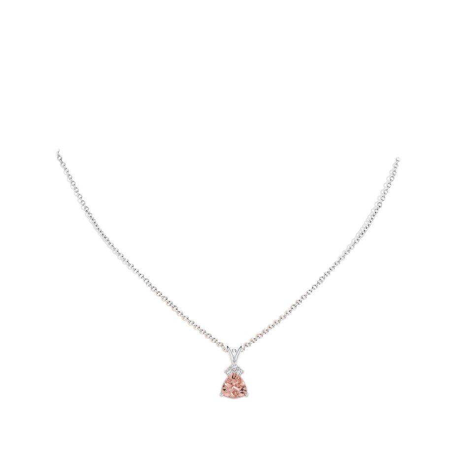 8mm AAAA Trillion Morganite Solitaire Pendant with Trio Diamonds in White Gold body-neck