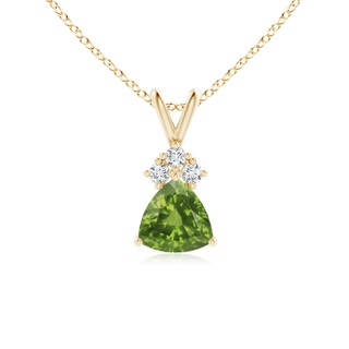 6mm AAAA Trillion Peridot Solitaire Pendant with Trio Diamonds in 9K Yellow Gold