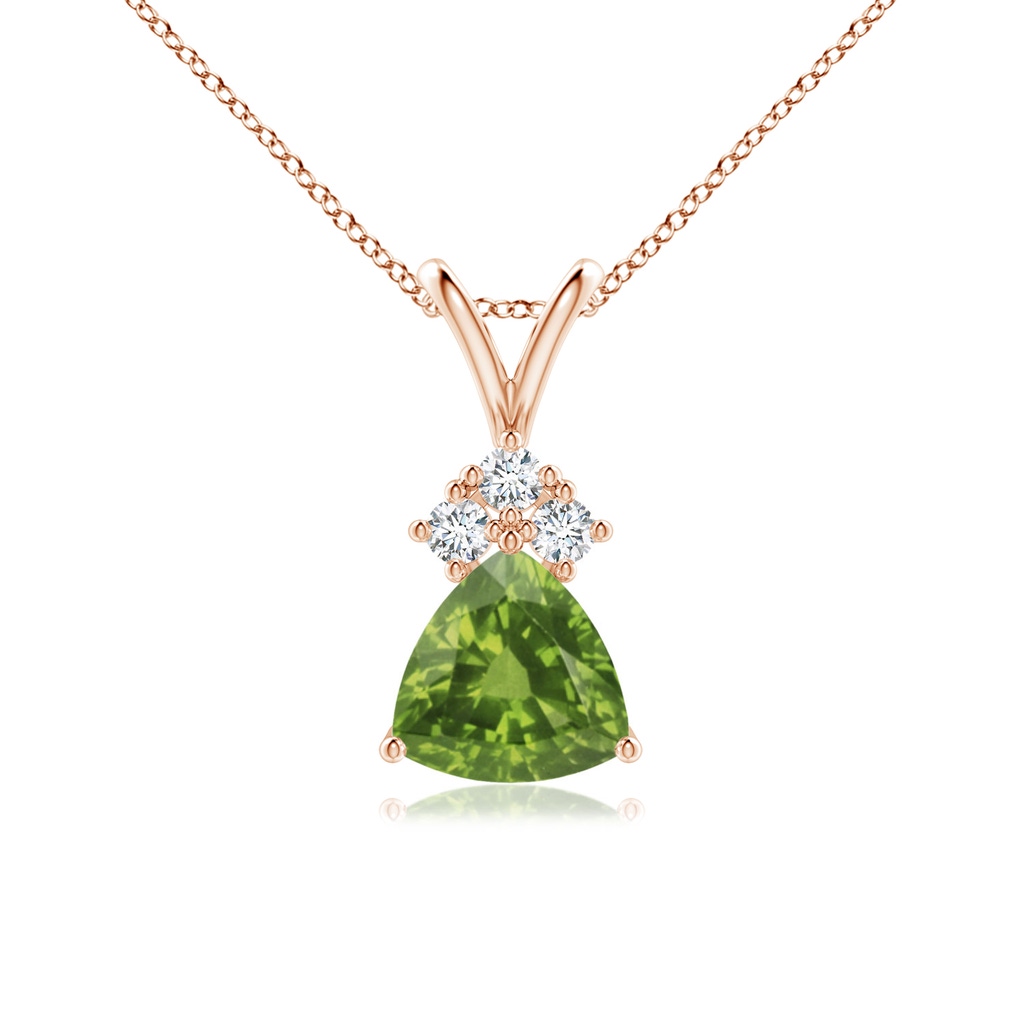 6mm AAAA Trillion Peridot Solitaire Pendant with Trio Diamonds in Rose Gold