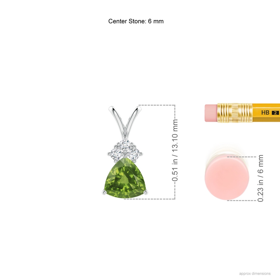 6mm AAAA Trillion Peridot Solitaire Pendant with Trio Diamonds in White Gold ruler