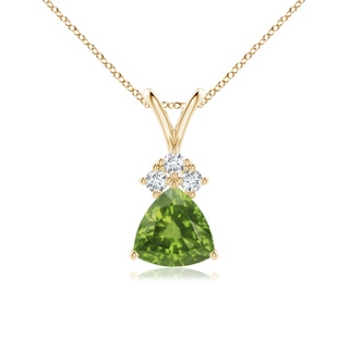 6mm AAAA Trillion Peridot Solitaire Pendant with Trio Diamonds in Yellow Gold