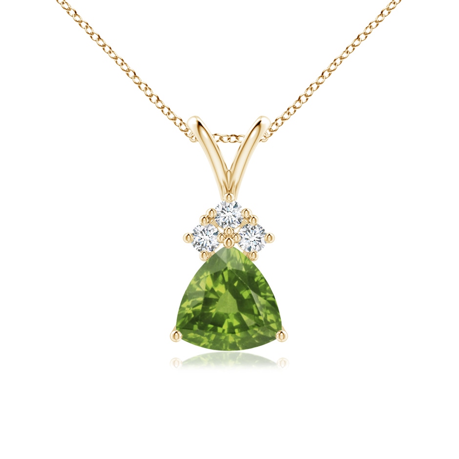 6mm AAAA Trillion Peridot Solitaire Pendant with Trio Diamonds in Yellow Gold 