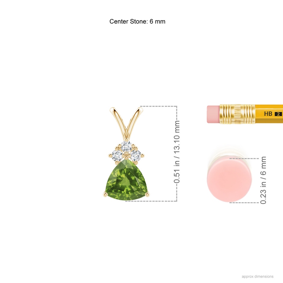 6mm AAAA Trillion Peridot Solitaire Pendant with Trio Diamonds in Yellow Gold ruler