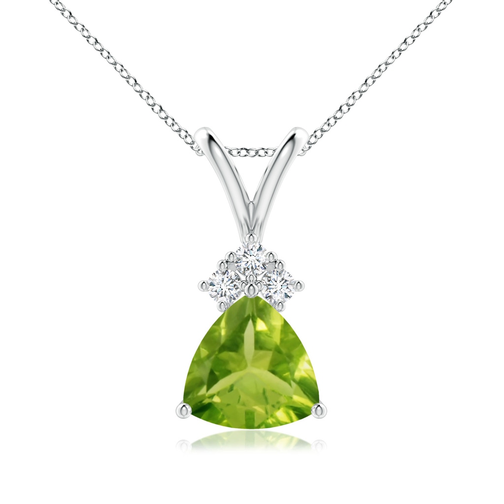 7mm AAA Trillion Peridot Solitaire Pendant with Trio Diamonds in White Gold