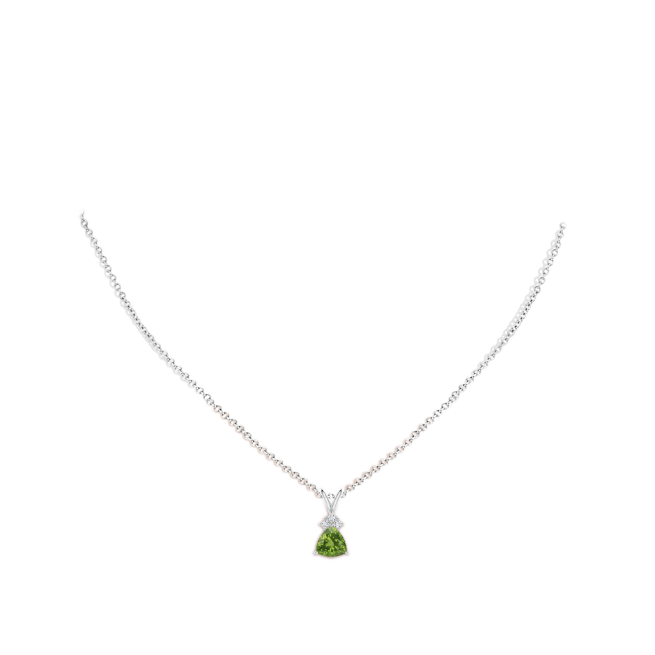 7mm AAAA Trillion Peridot Solitaire Pendant with Trio Diamonds in P950 Platinum body-neck