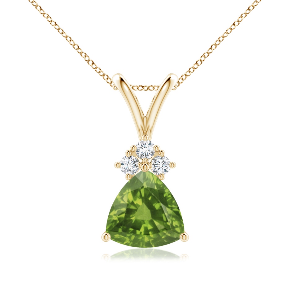 7mm AAAA Trillion Peridot Solitaire Pendant with Trio Diamonds in Yellow Gold 