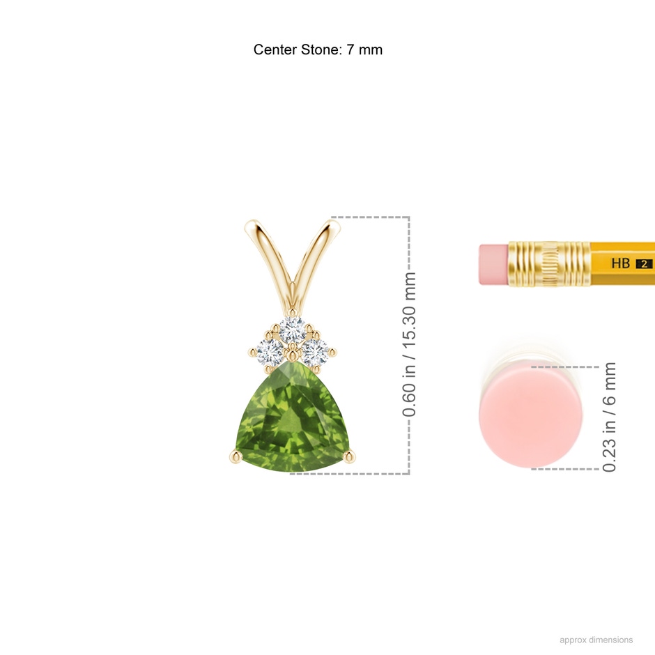 7mm AAAA Trillion Peridot Solitaire Pendant with Trio Diamonds in Yellow Gold ruler