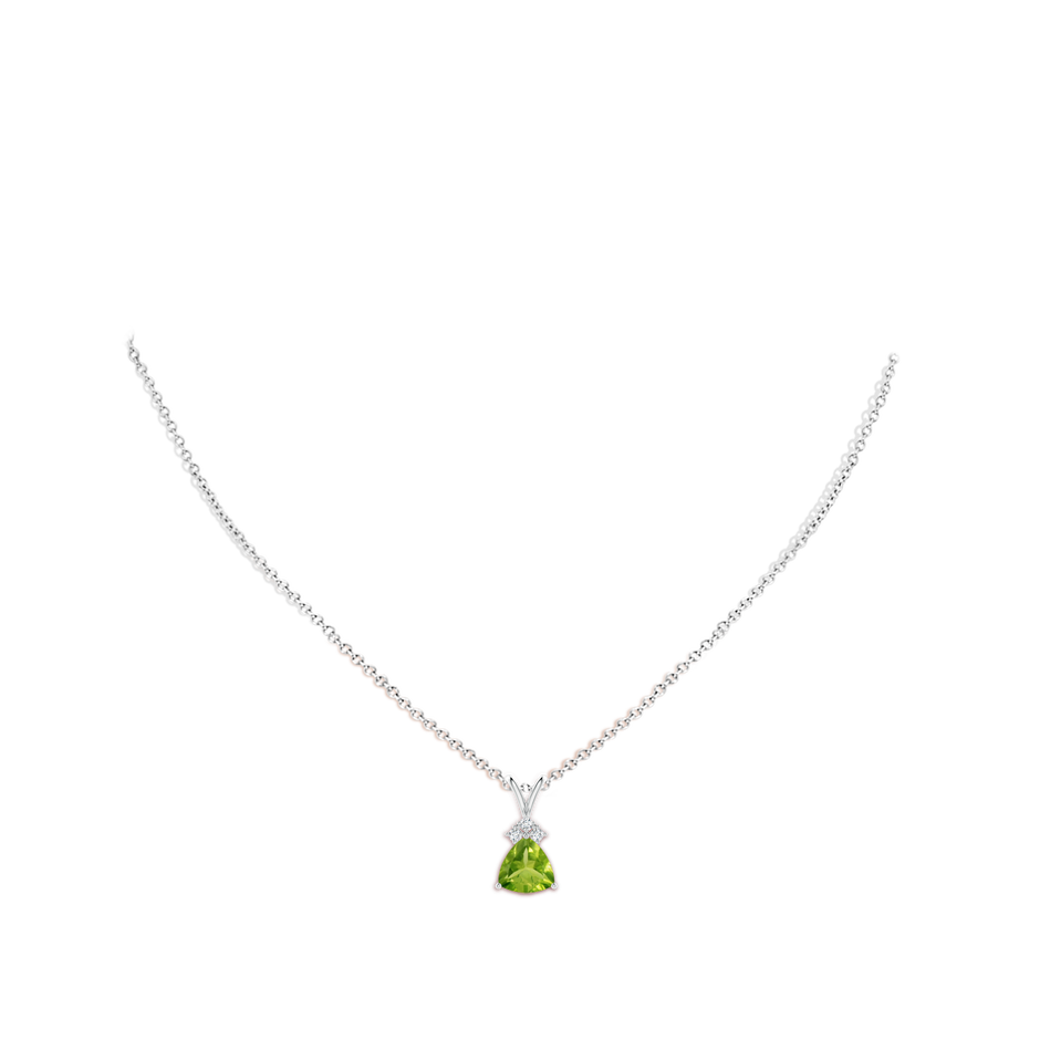 8mm AAA Trillion Peridot Solitaire Pendant with Trio Diamonds in White Gold body-neck