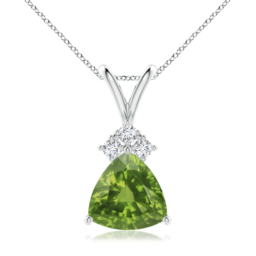 8mm AAAA Trillion Peridot Solitaire Pendant with Trio Diamonds in White Gold