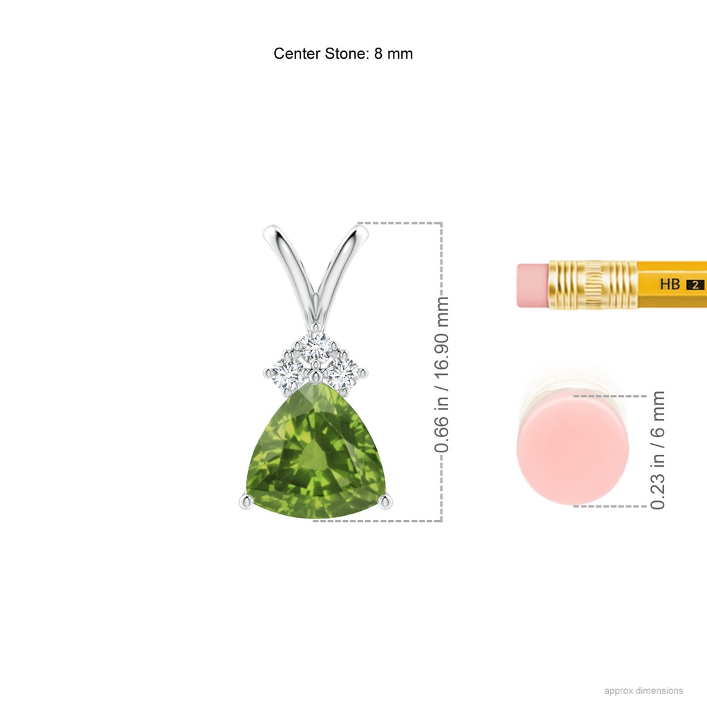8mm AAAA Trillion Peridot Solitaire Pendant with Trio Diamonds in White Gold Ruler