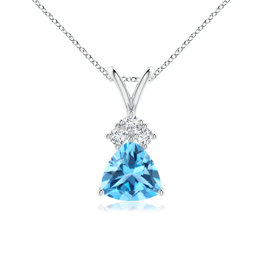6mm AAA Trillion Swiss Blue Topaz Solitaire Pendant with Trio Diamonds in White Gold 