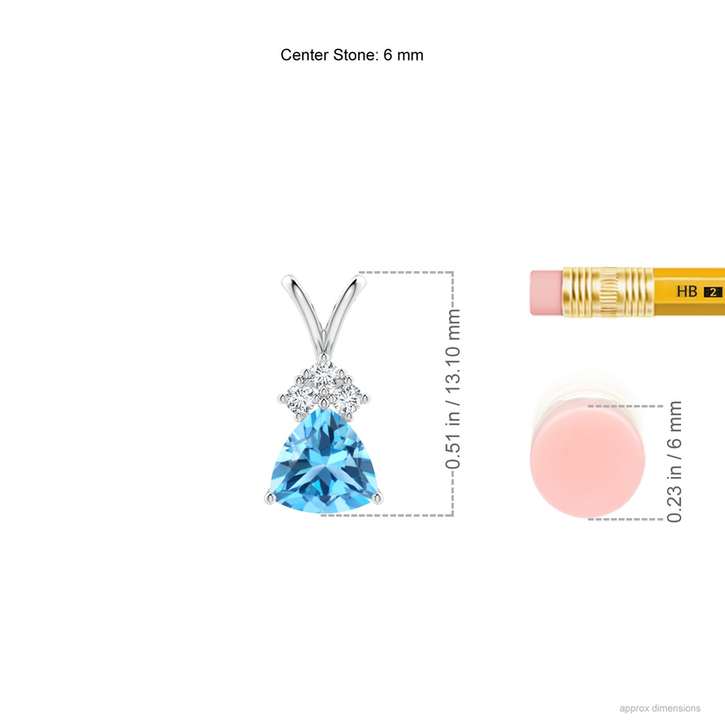 6mm AAA Trillion Swiss Blue Topaz Solitaire Pendant with Trio Diamonds in White Gold Ruler