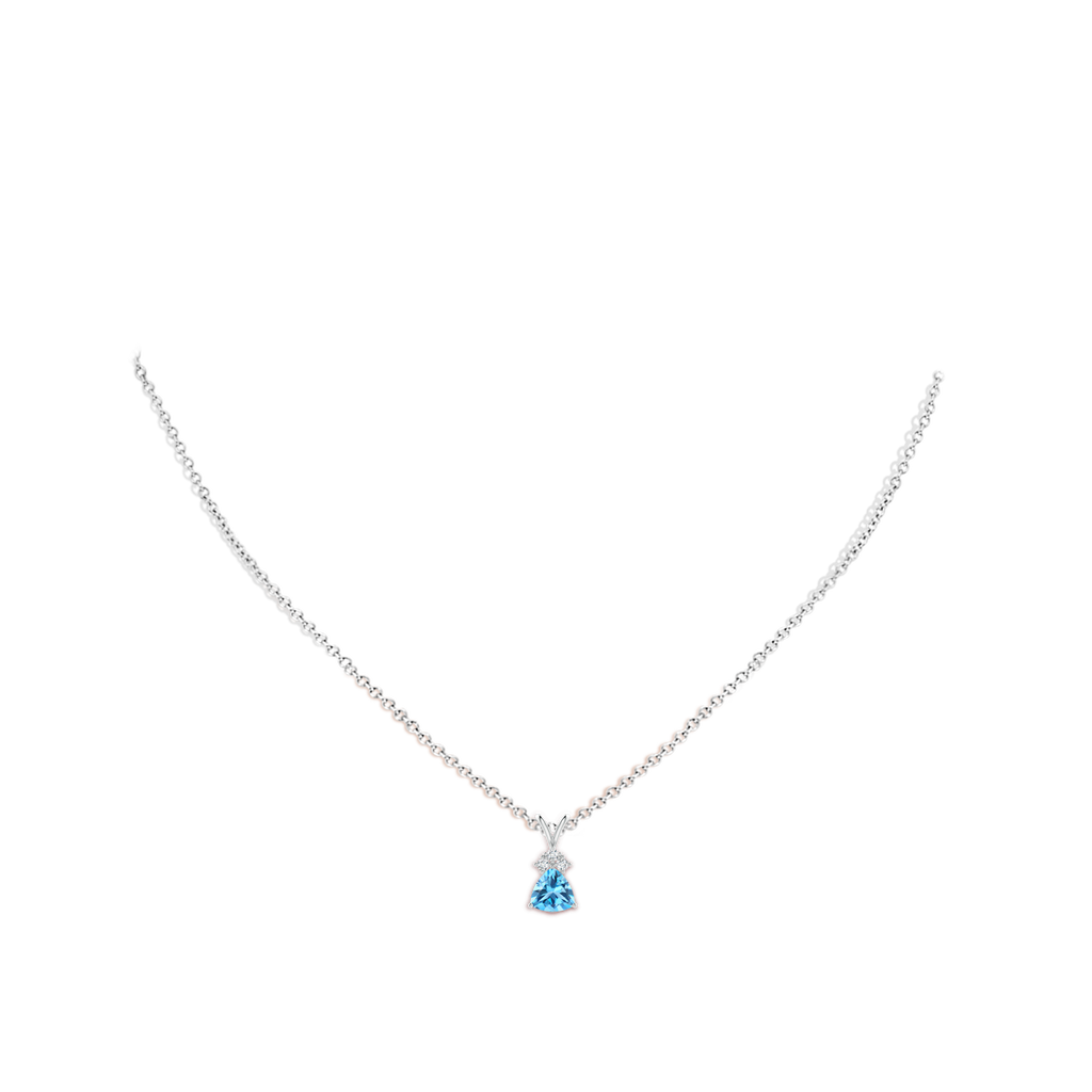 6mm AAA Trillion Swiss Blue Topaz Solitaire Pendant with Trio Diamonds in White Gold Body-Neck