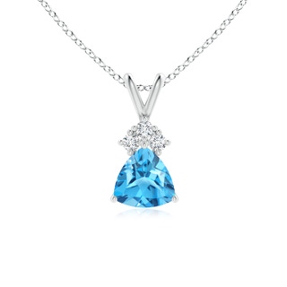 6mm AAAA Trillion Swiss Blue Topaz Solitaire Pendant with Trio Diamonds in 9K White Gold