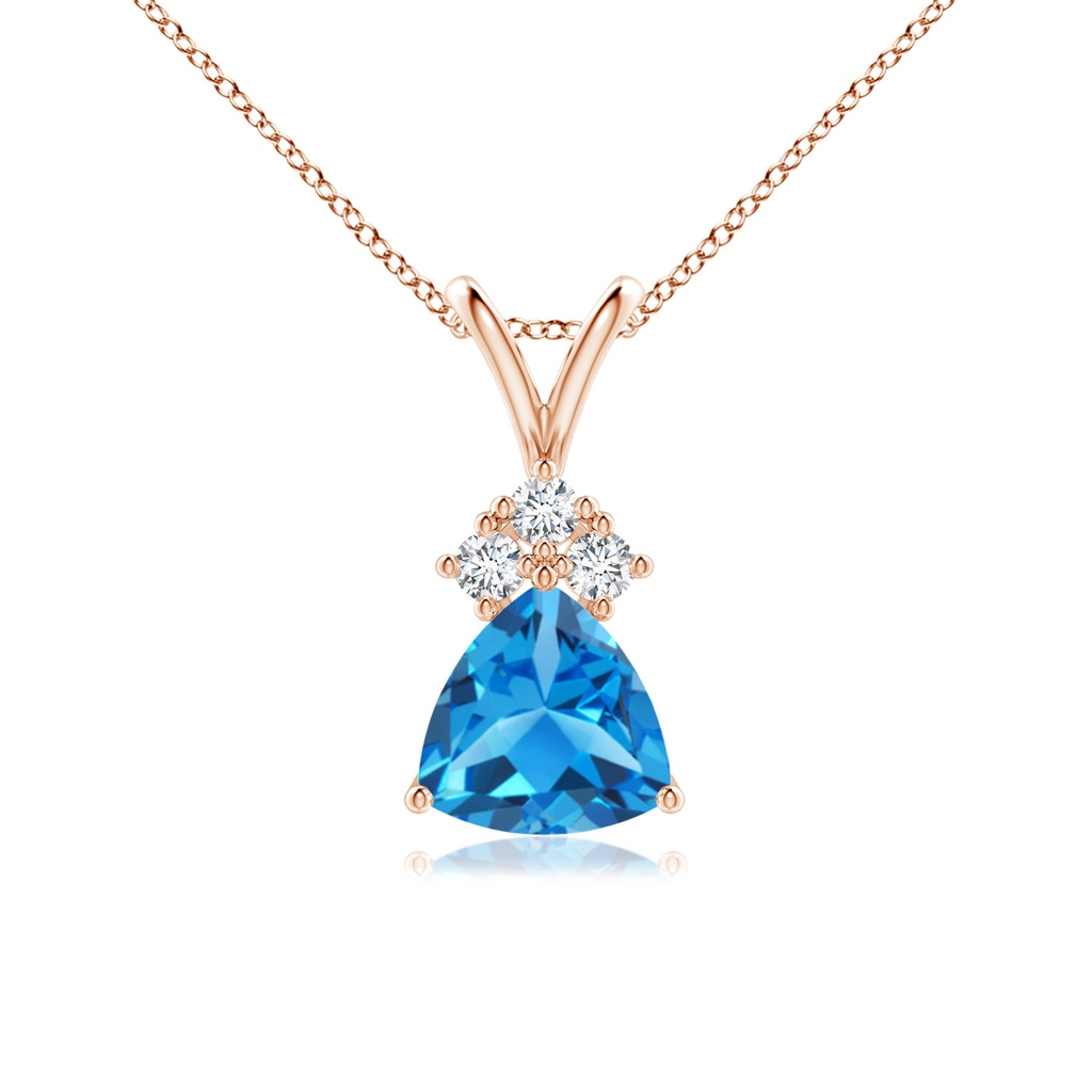 6mm AAAA Trillion Swiss Blue Topaz Solitaire Pendant with Trio Diamonds in Rose Gold