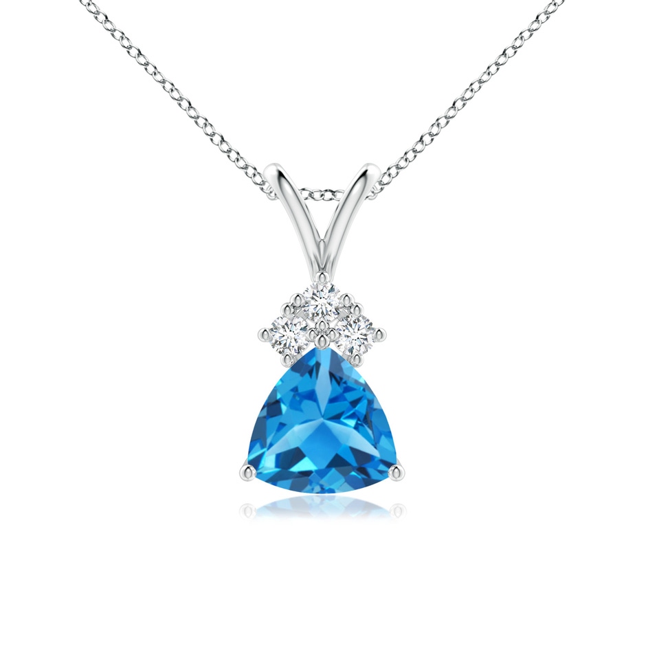 6mm AAAA Trillion Swiss Blue Topaz Solitaire Pendant with Trio Diamonds in White Gold 