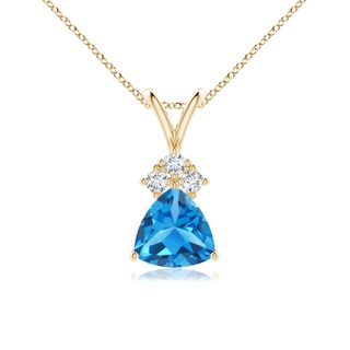 6mm AAAA Trillion Swiss Blue Topaz Solitaire Pendant with Trio Diamonds in Yellow Gold