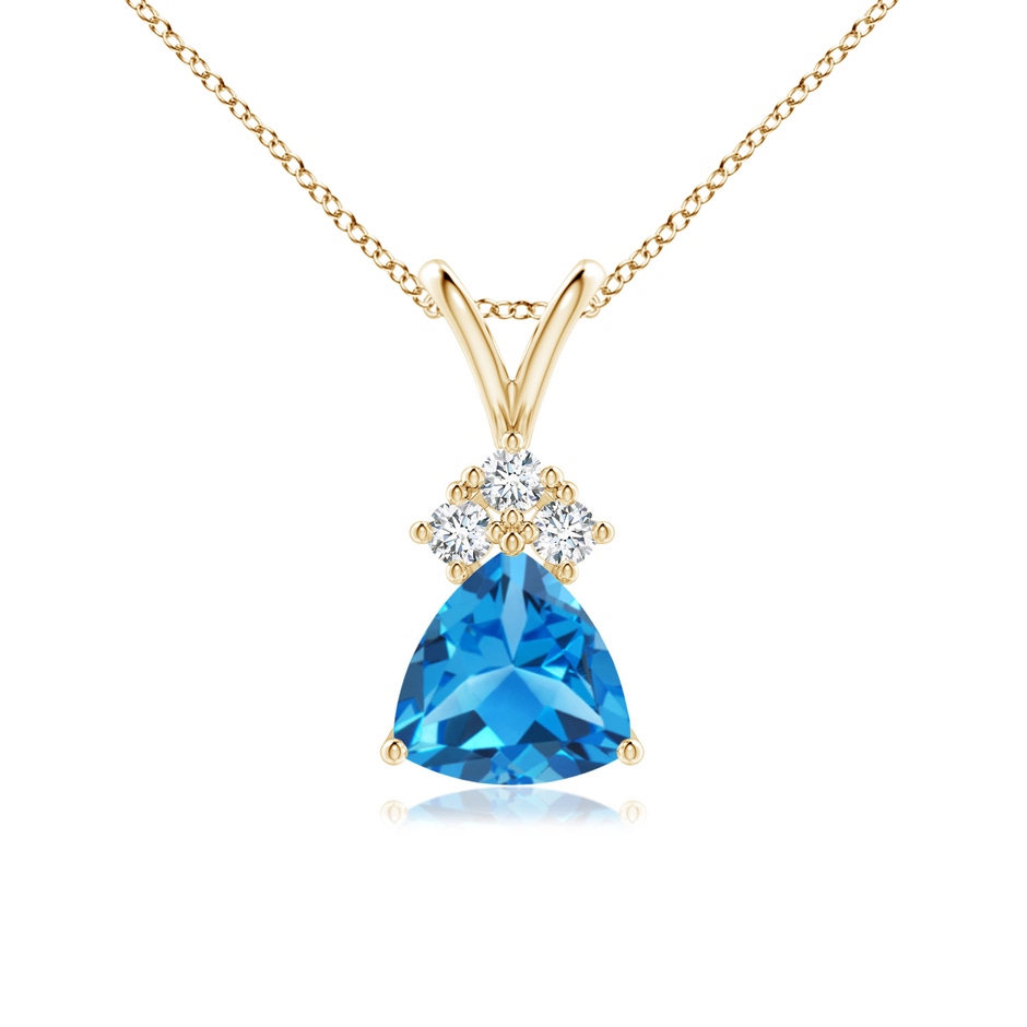 6mm AAAA Trillion Swiss Blue Topaz Solitaire Pendant with Trio Diamonds in Yellow Gold 