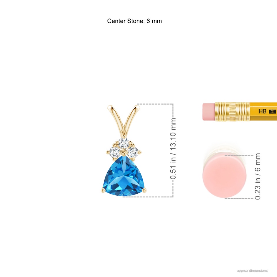 6mm AAAA Trillion Swiss Blue Topaz Solitaire Pendant with Trio Diamonds in Yellow Gold ruler