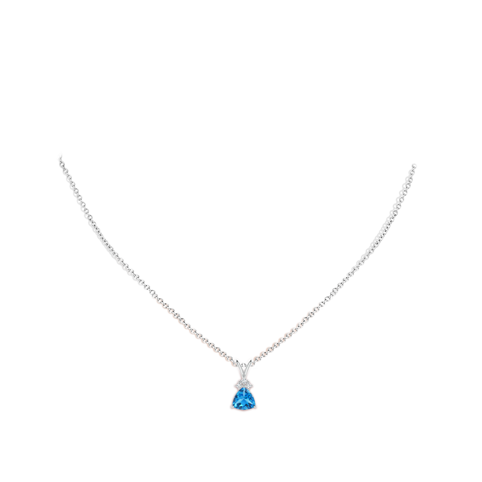 7mm AAAA Trillion Swiss Blue Topaz Solitaire Pendant with Trio Diamonds in P950 Platinum body-neck