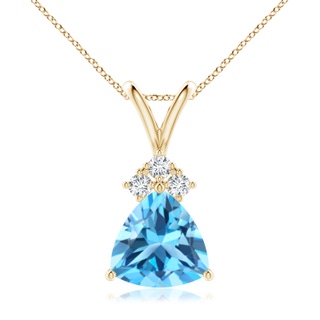 8mm AAA Trillion Swiss Blue Topaz Solitaire Pendant with Trio Diamonds in Yellow Gold
