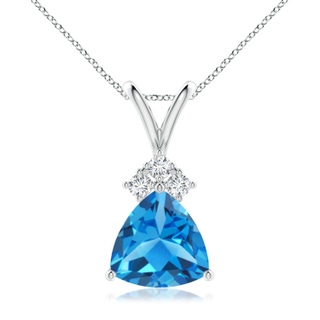 8mm AAAA Trillion Swiss Blue Topaz Solitaire Pendant with Trio Diamonds in White Gold
