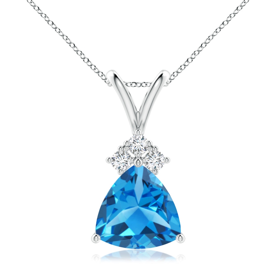 8mm AAAA Trillion Swiss Blue Topaz Solitaire Pendant with Trio Diamonds in White Gold 