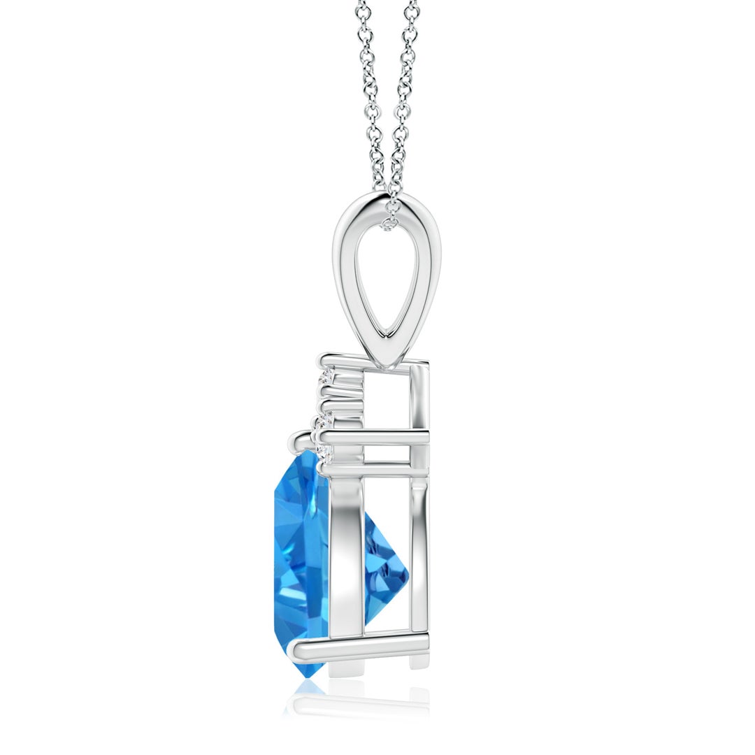 8mm AAAA Trillion Swiss Blue Topaz Solitaire Pendant with Trio Diamonds in White Gold - side 2