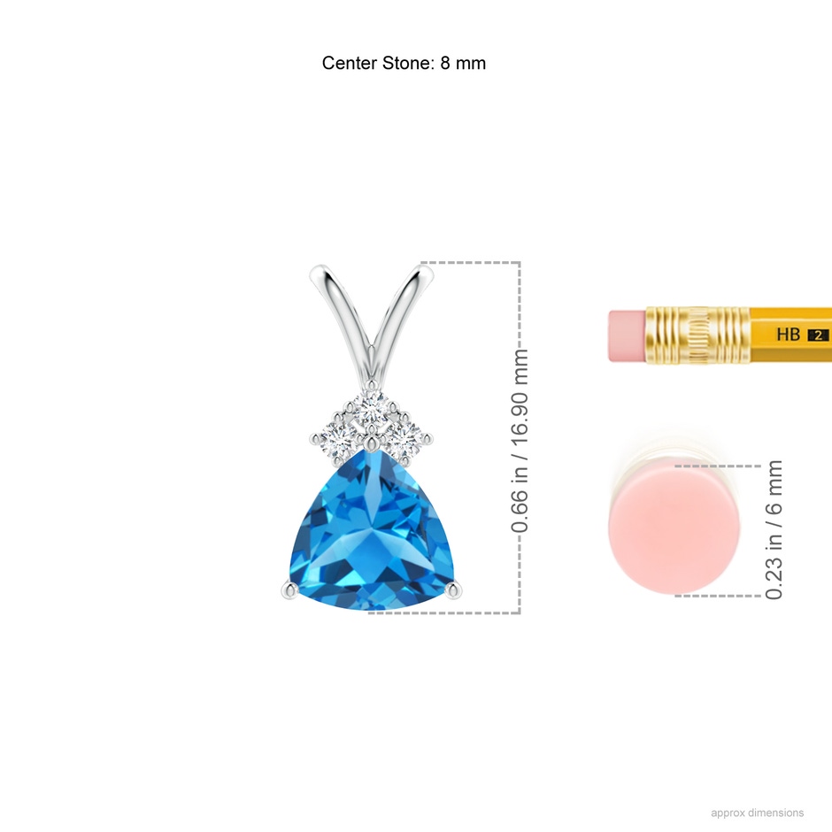 8mm AAAA Trillion Swiss Blue Topaz Solitaire Pendant with Trio Diamonds in White Gold Ruler