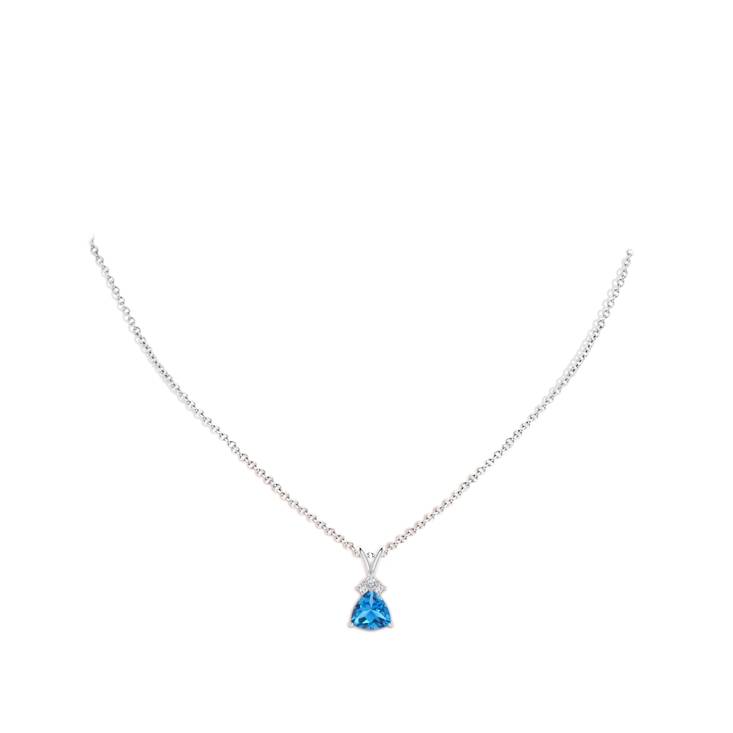 8mm AAAA Trillion Swiss Blue Topaz Solitaire Pendant with Trio Diamonds in White Gold - body_neck