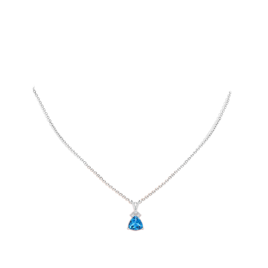8mm AAAA Trillion Swiss Blue Topaz Solitaire Pendant with Trio Diamonds in White Gold - body_neck