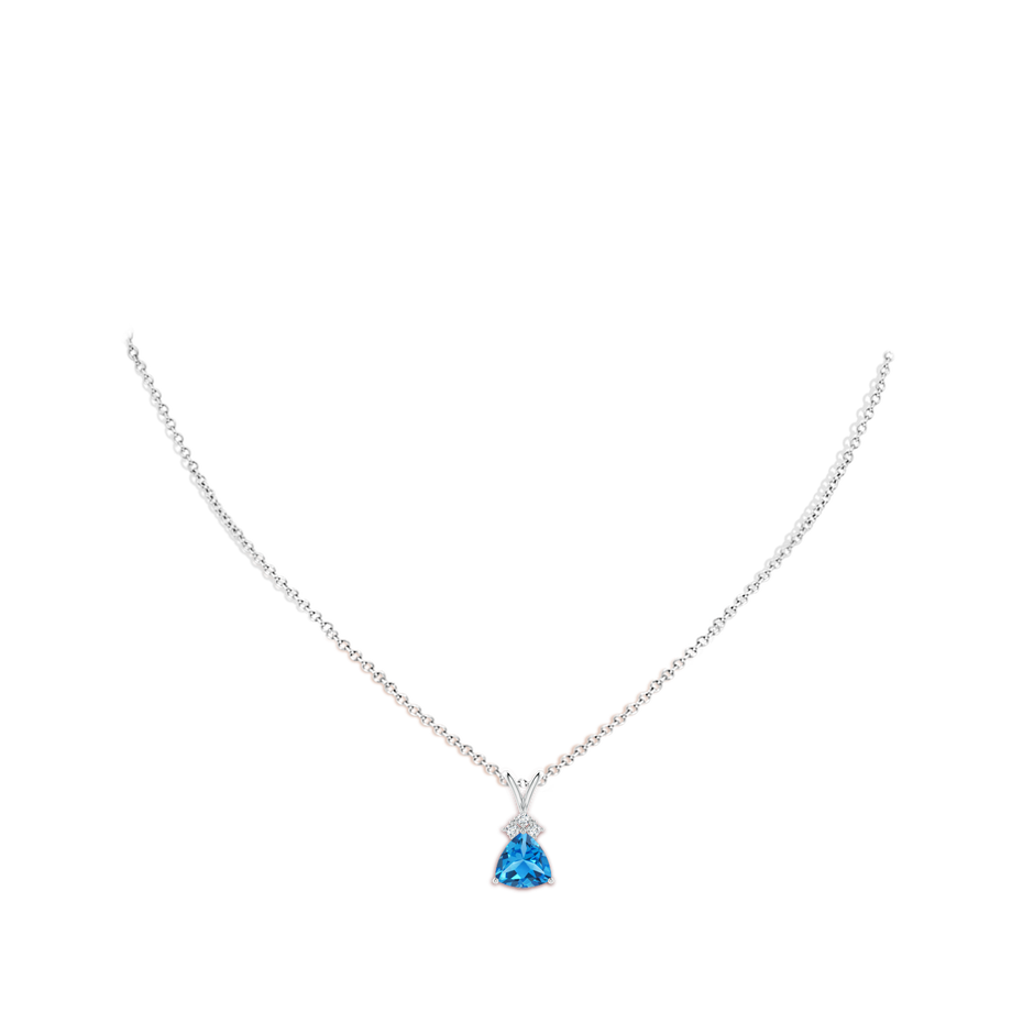 8mm AAAA Trillion Swiss Blue Topaz Solitaire Pendant with Trio Diamonds in White Gold body-neck