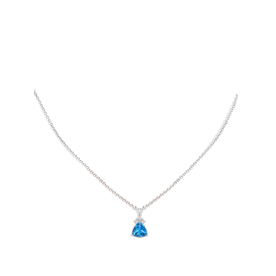 8mm AAAA Trillion Swiss Blue Topaz Solitaire Pendant with Trio Diamonds in White Gold Body-Neck