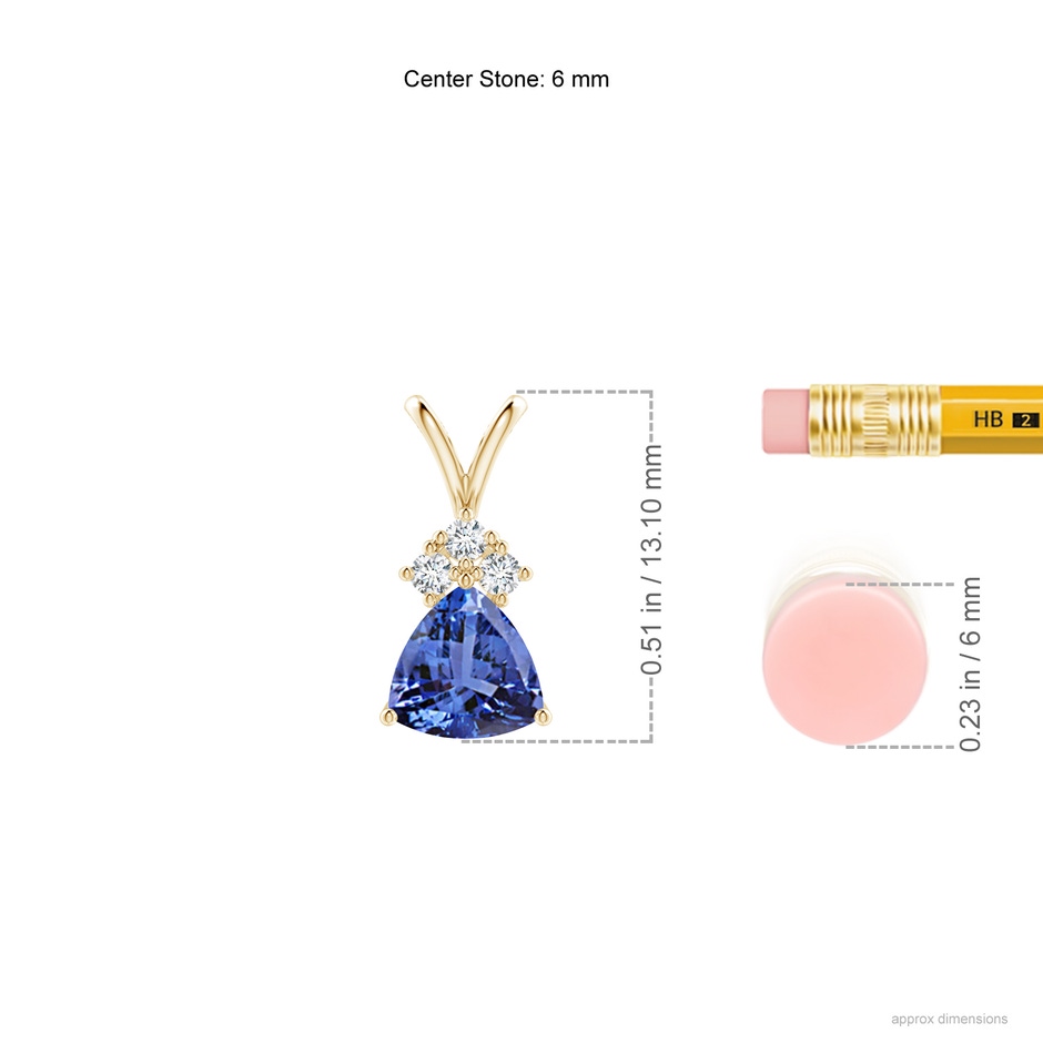 6mm AA Trillion Tanzanite Solitaire Pendant with Trio Diamonds in Yellow Gold ruler
