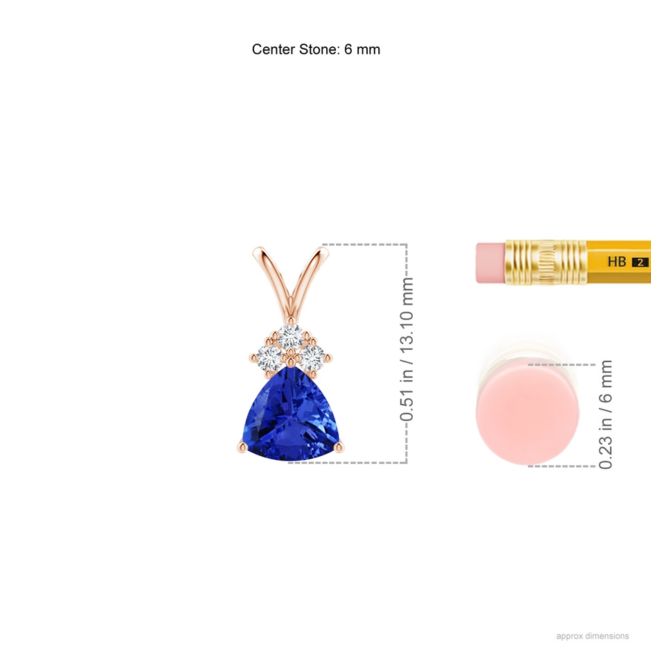 6mm AAA Trillion Tanzanite Solitaire Pendant with Trio Diamonds in Rose Gold ruler