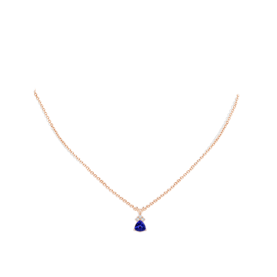 6mm AAAA Trillion Tanzanite Solitaire Pendant with Trio Diamonds in Rose Gold body-neck