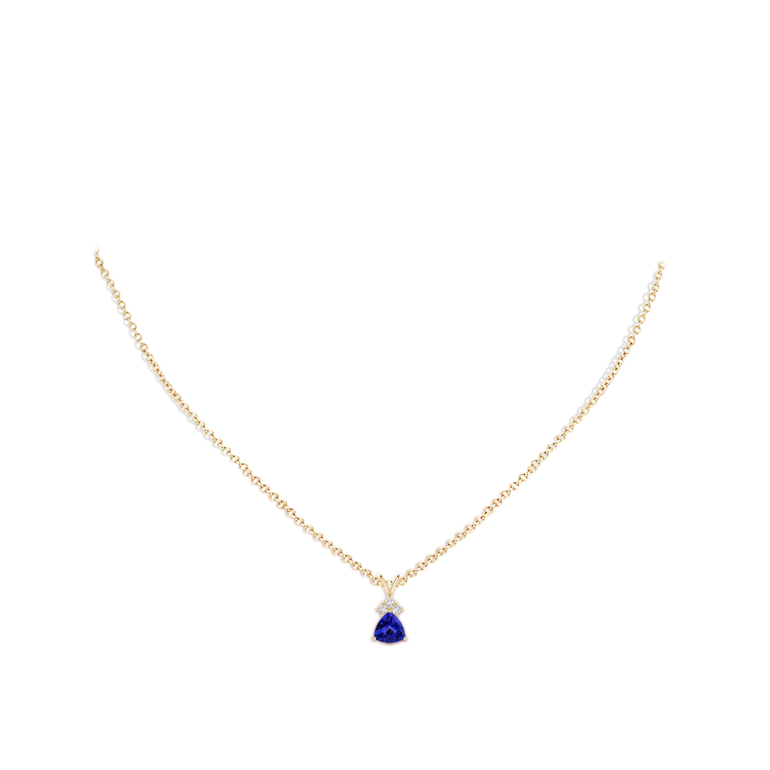 6mm AAAA Trillion Tanzanite Solitaire Pendant with Trio Diamonds in Yellow Gold - body_neck