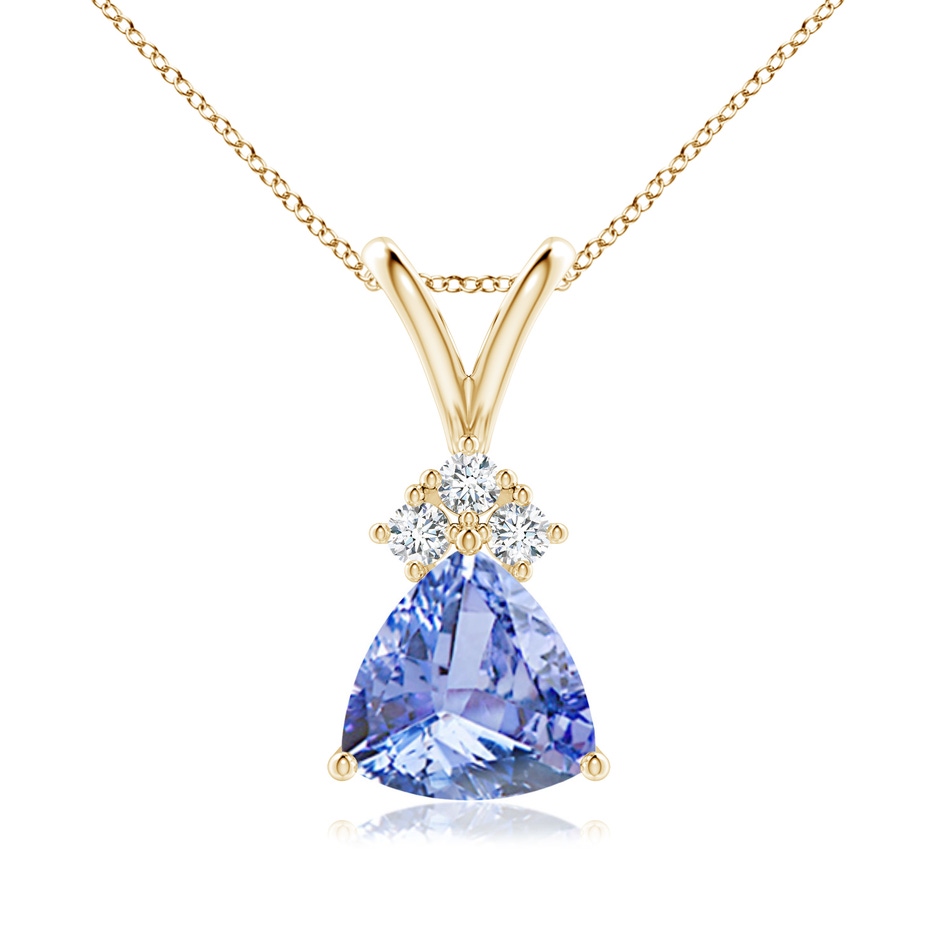 7mm A Trillion Tanzanite Solitaire Pendant with Trio Diamonds in Yellow Gold 