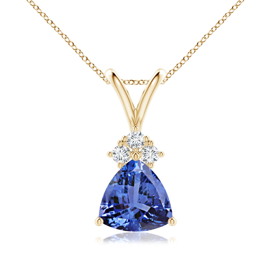 7mm AA Trillion Tanzanite Solitaire Pendant with Trio Diamonds in Yellow Gold 