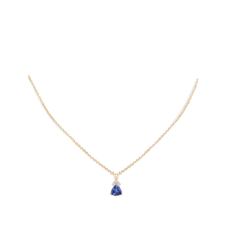 7mm AA Trillion Tanzanite Solitaire Pendant with Trio Diamonds in Yellow Gold body-neck