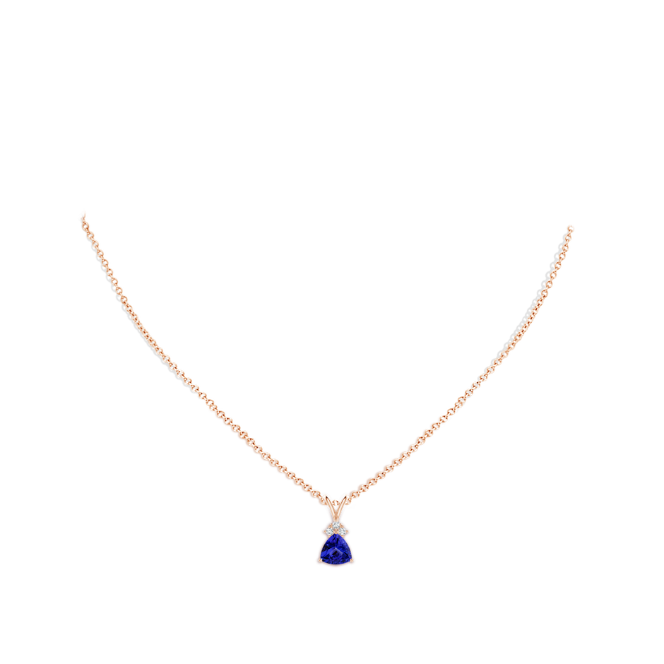 7mm AAAA Trillion Tanzanite Solitaire Pendant with Trio Diamonds in Rose Gold body-neck