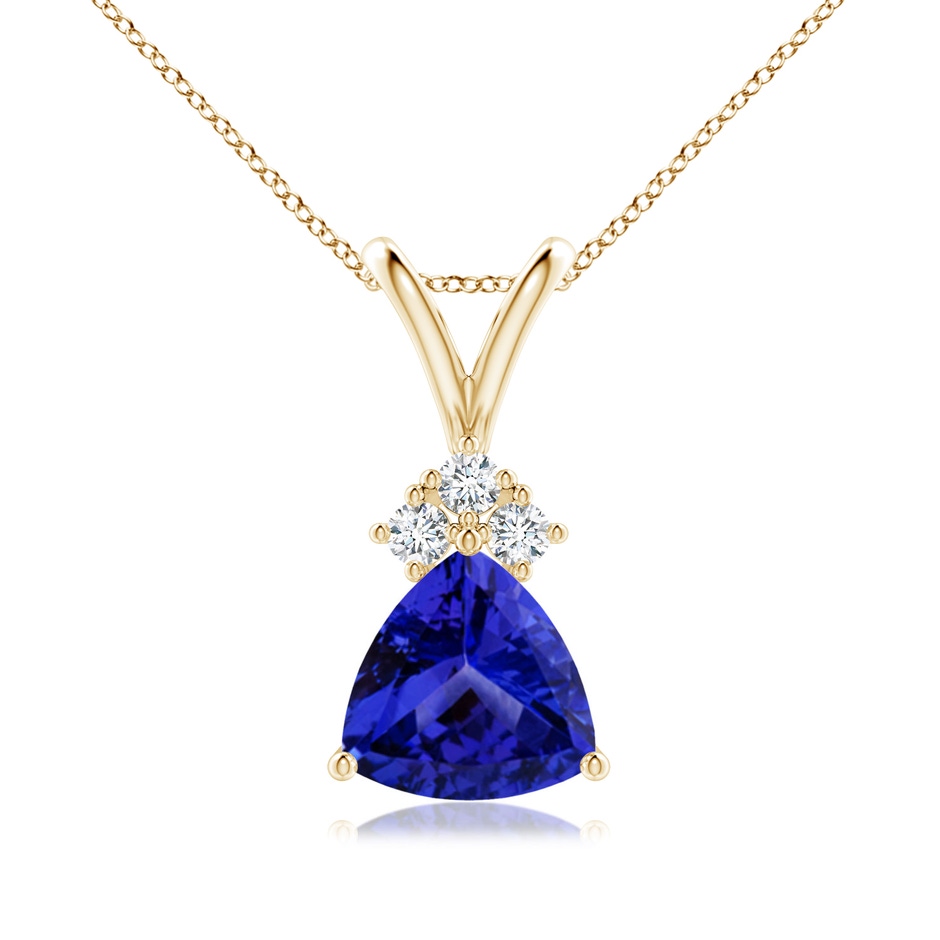 7mm AAAA Trillion Tanzanite Solitaire Pendant with Trio Diamonds in Yellow Gold 