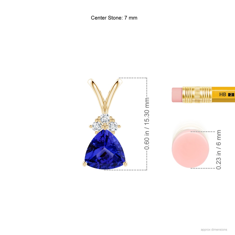 7mm AAAA Trillion Tanzanite Solitaire Pendant with Trio Diamonds in Yellow Gold ruler