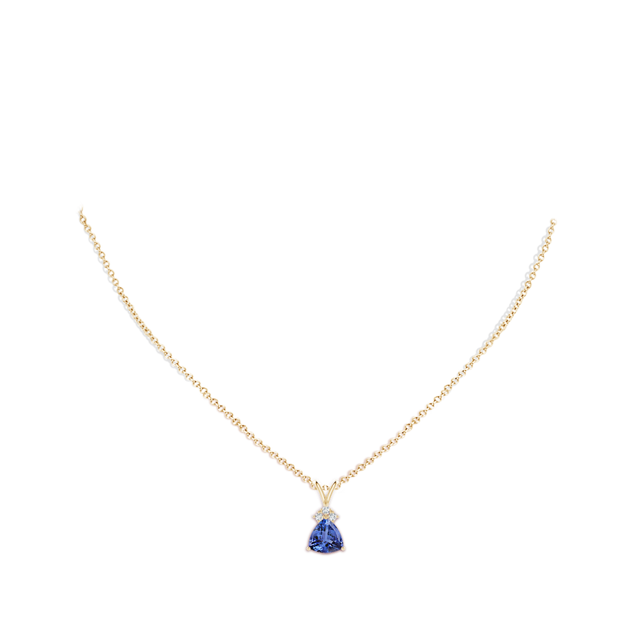 8mm AA Trillion Tanzanite Solitaire Pendant with Trio Diamonds in Yellow Gold body-neck