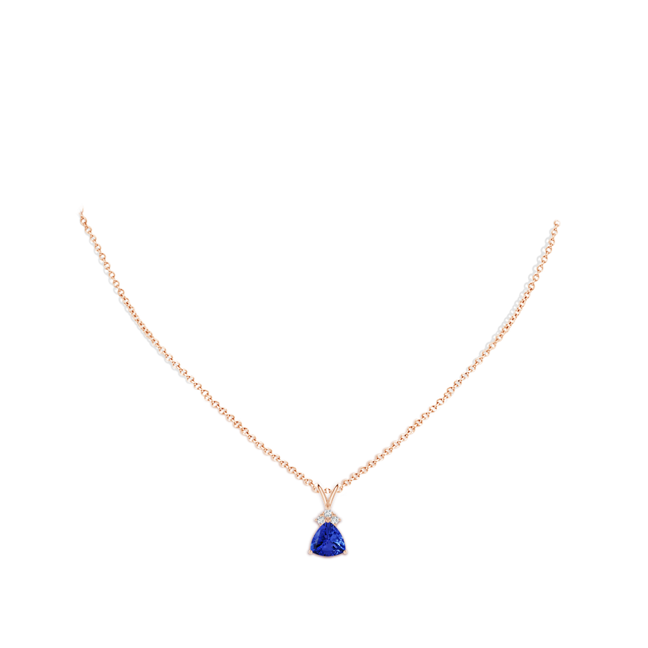 8mm AAA Trillion Tanzanite Solitaire Pendant with Trio Diamonds in Rose Gold body-neck