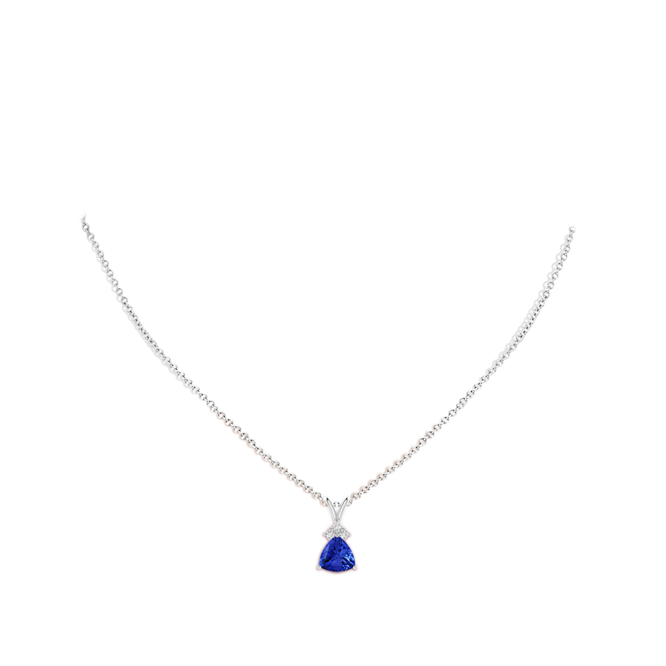 8mm AAA Trillion Tanzanite Solitaire Pendant with Trio Diamonds in White Gold body-neck