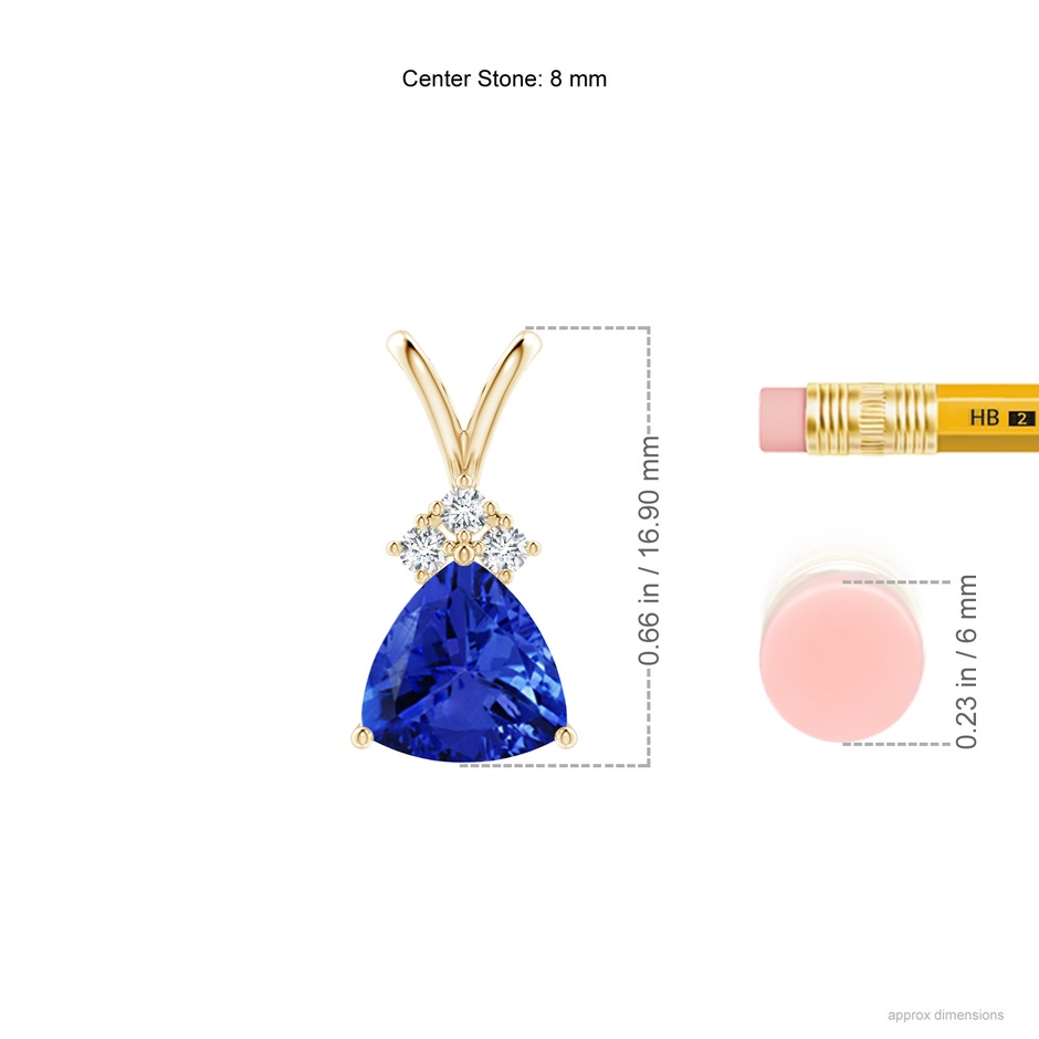 8mm AAA Trillion Tanzanite Solitaire Pendant with Trio Diamonds in Yellow Gold ruler