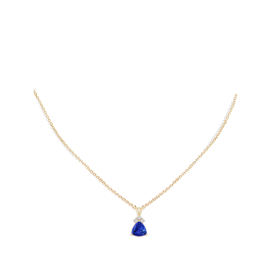 8mm AAA Trillion Tanzanite Solitaire Pendant with Trio Diamonds in Yellow Gold body-neck