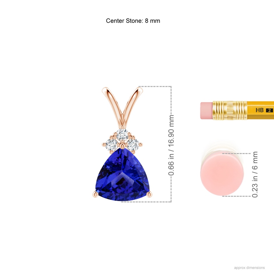 8mm AAAA Trillion Tanzanite Solitaire Pendant with Trio Diamonds in Rose Gold ruler